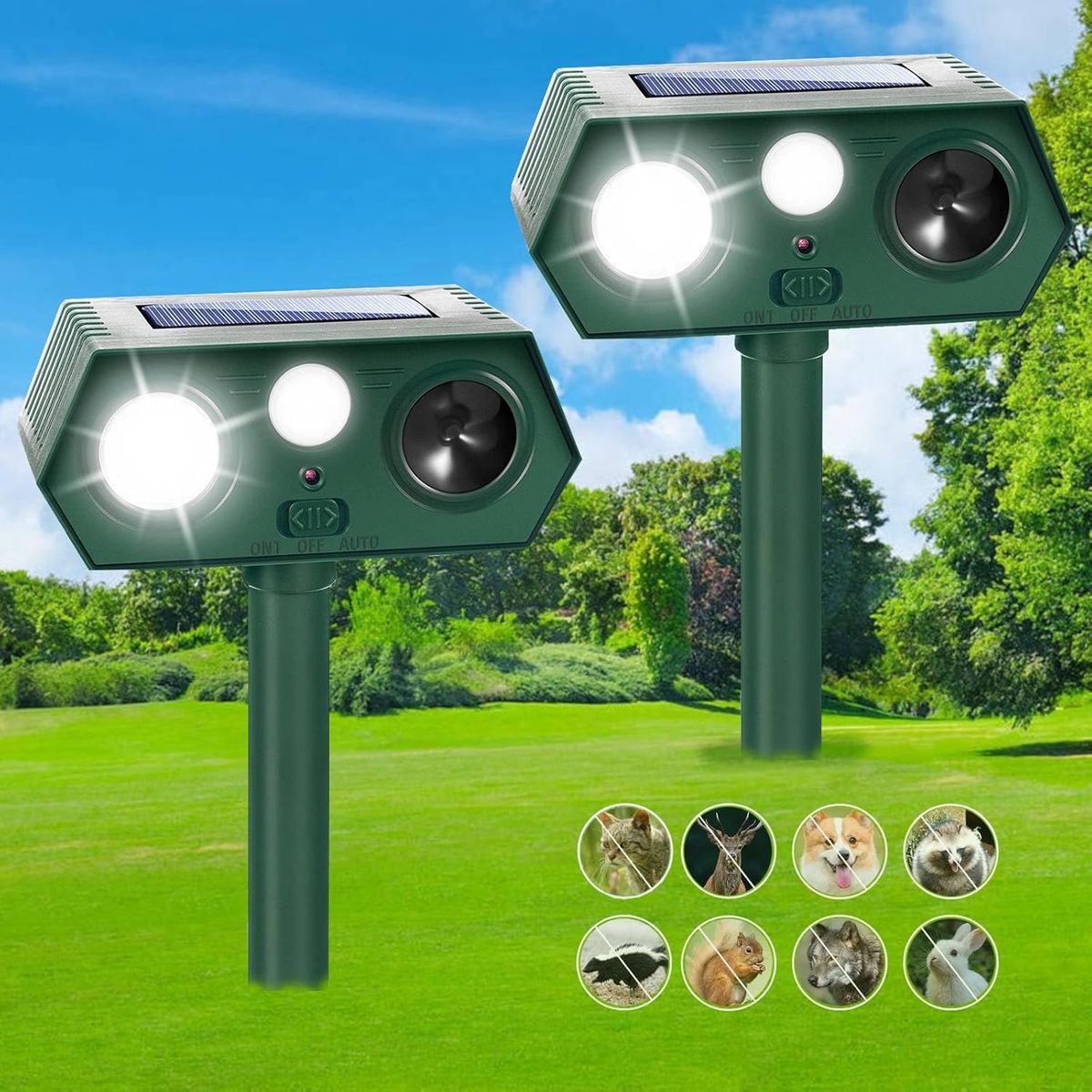 NEW 2 Pack Solar Animal Repellent Ultrasonic Animal Deterrent Outdoor with Motion Sensor & Flash Light Waterproof