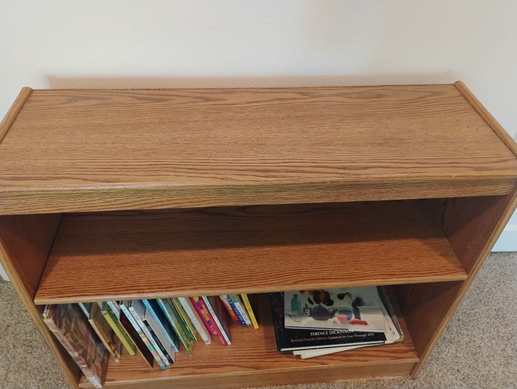 Oak Finish Low Profile Bookshelf - 2-Shelf Wooden Bookcase - Good Condition