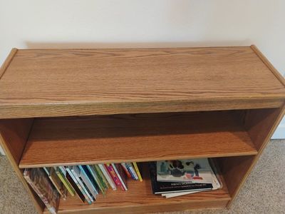 Oak Finish Low Profile Bookshelf - 2-Shelf Wooden Bookcase - Good Condition