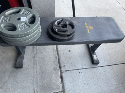 Workout bench, bar and weights
