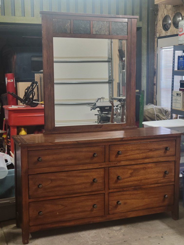 Sunny Designs Dresser & Mirror Set - 6 Drawer Wood Dresser w/ Slate Tile Mirror