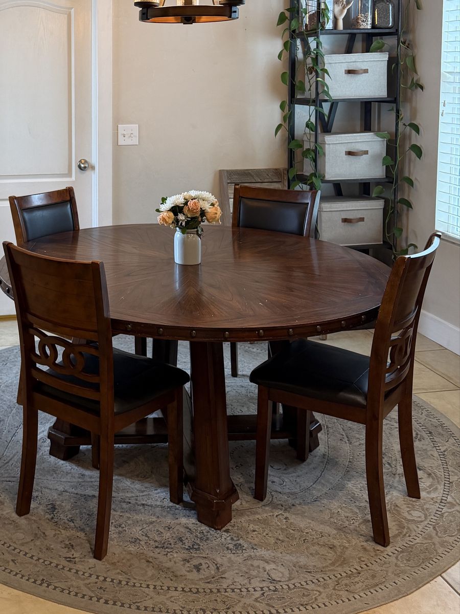 Round Wood Pedestal Dining Table with 4 chairs (plus 2 not in photo)  - Dark Wood Finish, Leatherette Seats