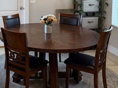 Round Wood Pedestal Dining Table with 4 chairs (plus 2 not in photo) - Dark Wood Finish, Leatherette Seats