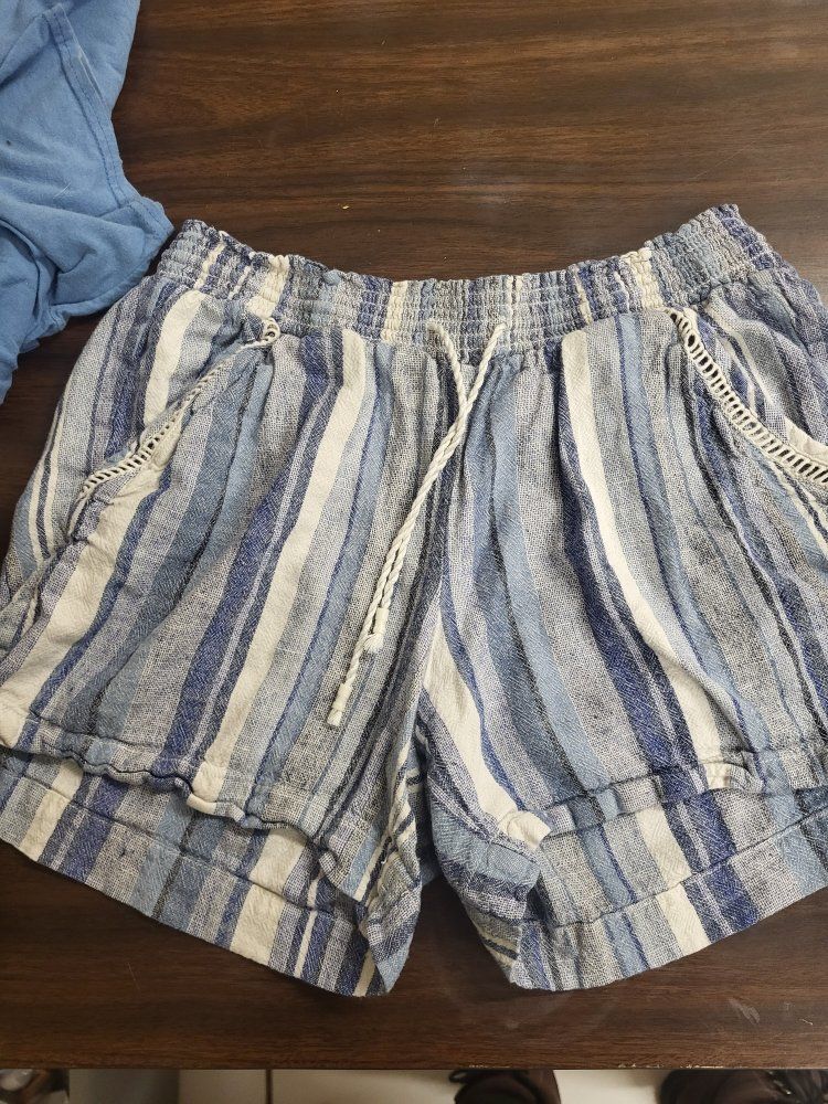 Briggs Women's Blue Striped Linen Blend Drawstring Pants, Size M - Comfortable & Stylish