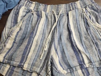 Briggs Women's Blue Striped Linen Blend Drawstring Pants, Size M - Comfortable & Stylish