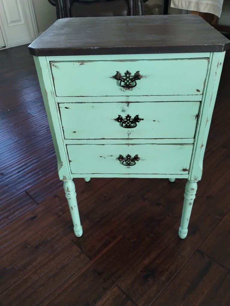 Shabby Chic Aqua 3-Drawer Nightstand End Table with Distressed Finish & Dark Wood Top