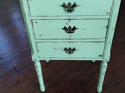 Shabby Chic Aqua 3-Drawer Nightstand End Table with Distressed Finish & Dark Wood Top