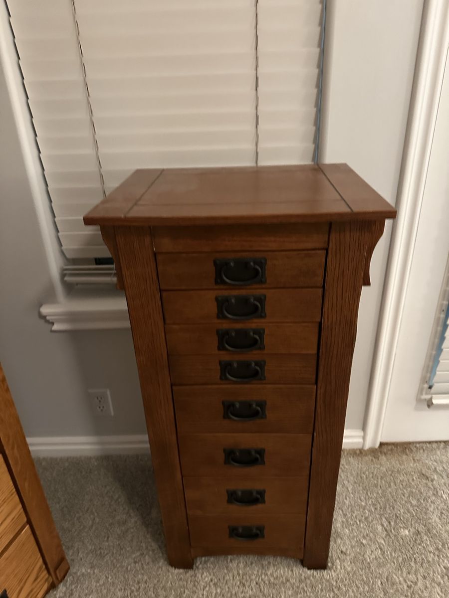 Mission Oak Jewelry Armoire Storage Cabinet with Mirror, 8 Drawers, and Side Doors - Craftsman Style