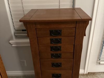 Mission Oak Jewelry Armoire Storage Cabinet with Mirror, 8 Drawers, and Side Doors - Craftsman Style