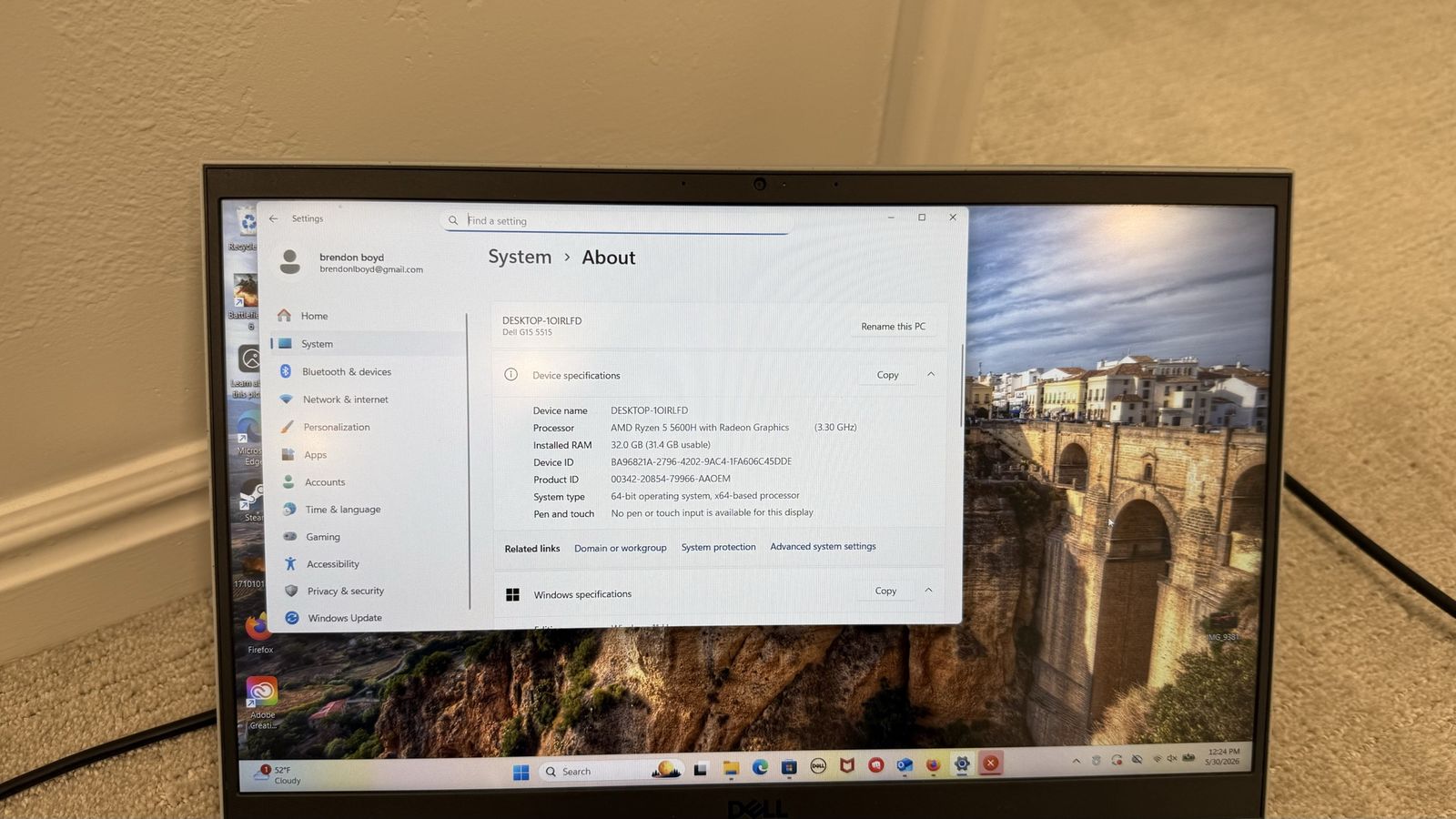 350 gpu Dell g15 gaming laptop processor AMD Rysen 5 5600h with Radeon edition installed ram 32 g