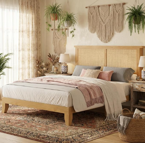 Rattan Bed Frame Queen Size with Natural Rattan Headboard & LED Lights