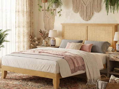 Rattan Bed Frame Queen Size with Natural Rattan Headboard & LED Lights