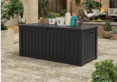 New - 150 Gallon Wood Grain Style Lockable Deck Box, Water Resistant, Resin,  Black.  