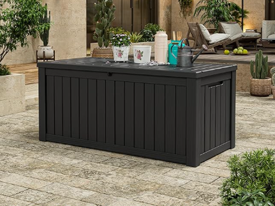 New - 150 Gallon Wood Grain Style Lockable Deck Box, Water Resistant, Resin, Black.