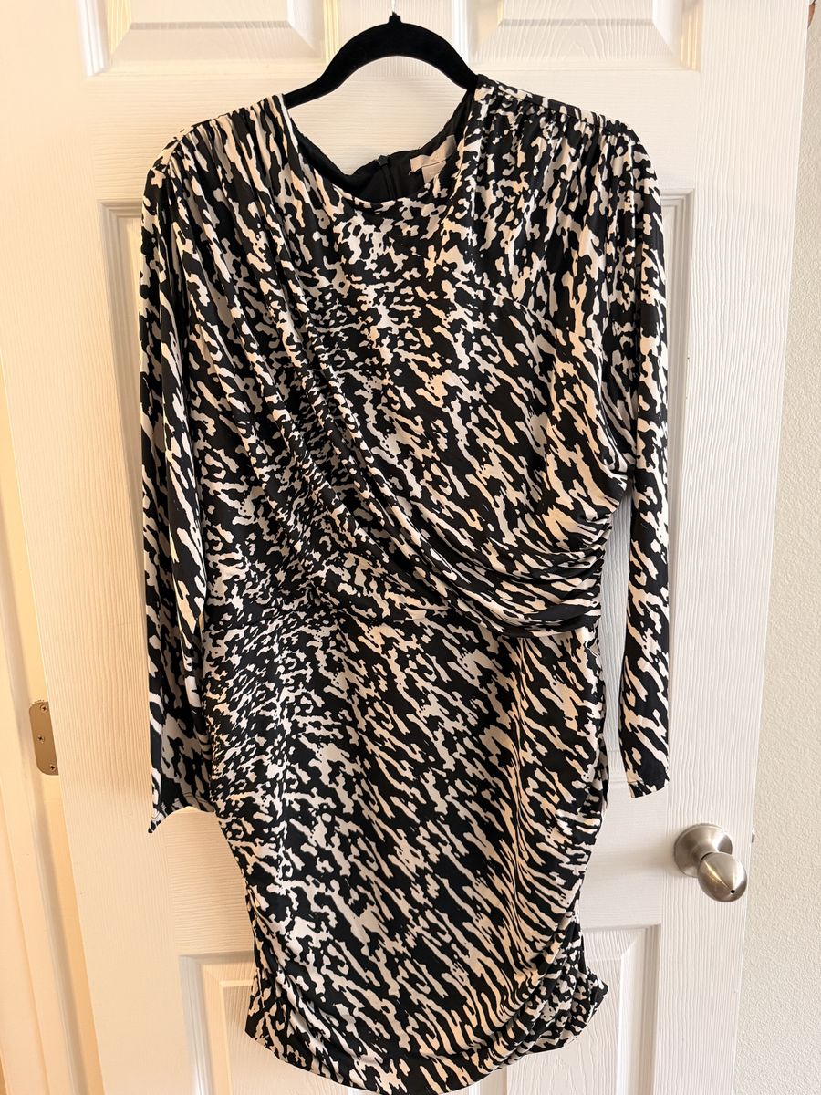 NWT H&M Women's Size XXL Ruched Long Sleeve Patterned Dress Black White