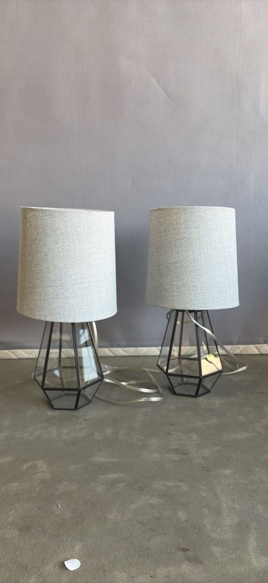 Pair of Geometric Glass Table Lamps with Light Gray Fabric Shades