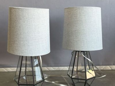 Pair of Geometric Glass Table Lamps with Light Gray Fabric Shades