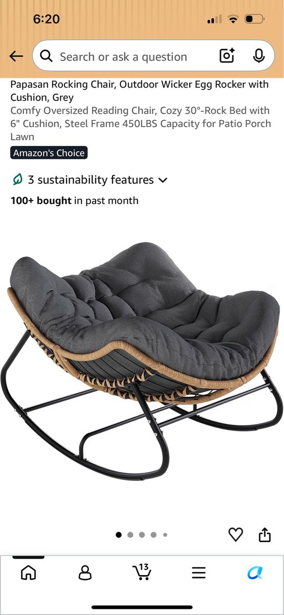 Papasan Rocking Chair Outdoor Wicker Egg Rocker with Cushion Black