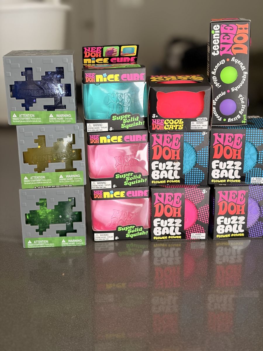 Needoh Nice Cube Fuzz Ball Flower Power Cool Cat and Minecraft