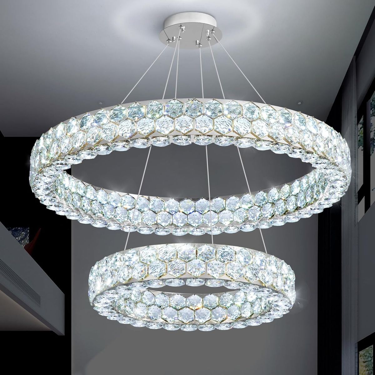 New 2-Ring LED Crystal Chandelier, Dimmable, Remote, Silver