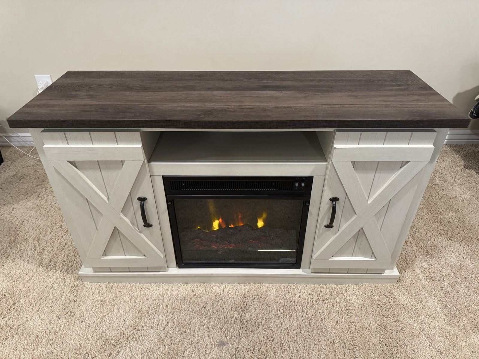 Farmhouse Style Electric Fireplace TV Stand Media Console - White/Dark Wood - Excellent Condition
