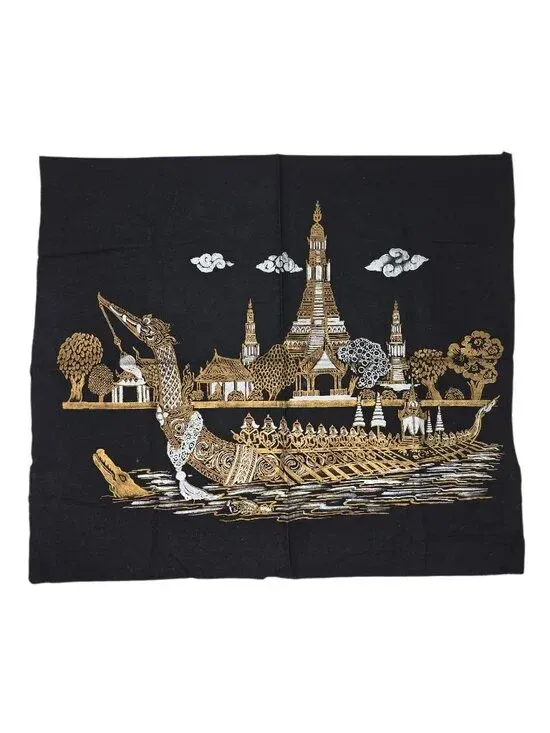 Vintage Thai Silk Scarf Panel Gold Temple Boat Scene Black 20x18