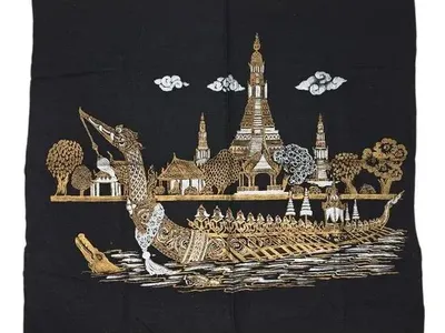 Vintage Thai Silk Scarf Panel Gold Temple Boat Scene Black 20x18