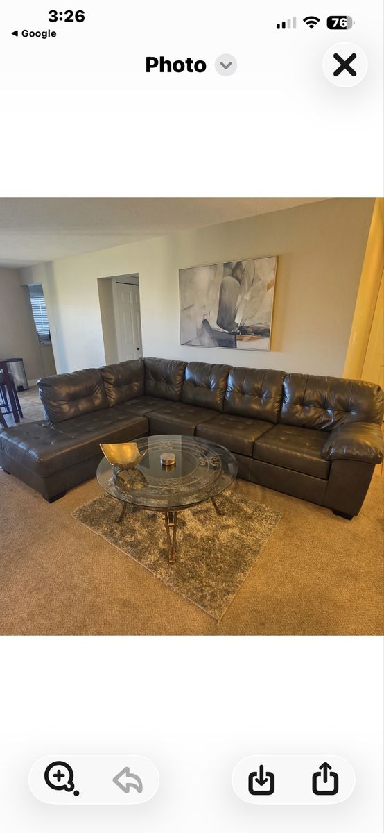 Large dark Gray Faux Leather Sectional Sofa with Chaise - Tufted Back Cushions