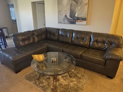 Large dark Gray Faux Leather Sectional Sofa with Chaise - Tufted Back Cushions