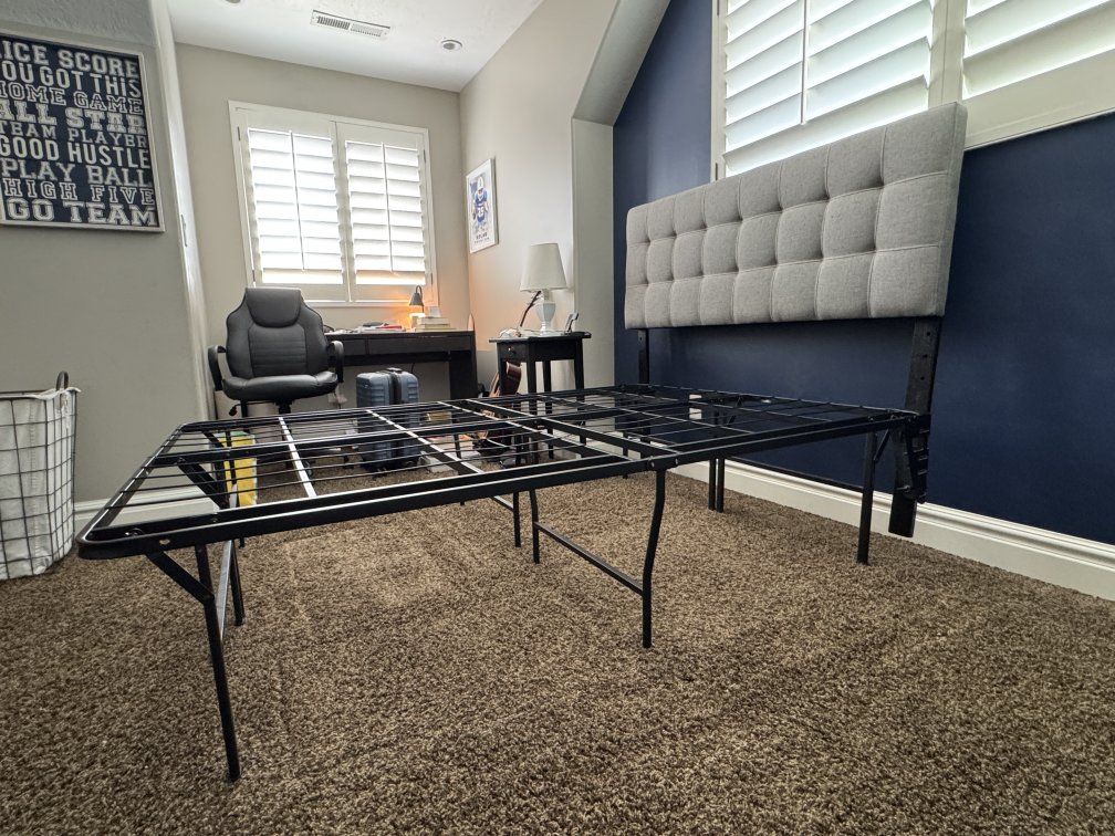 Bed Frame (Full) + Headboard, Excellent Condition. 18-inch High Foldable  - Sturdy with Hardware, Black Metal