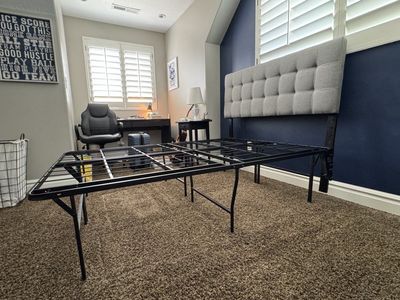 Bed Frame (Full) + Headboard, Excellent Condition. 18-inch High Foldable - Sturdy with Hardware, Black Metal