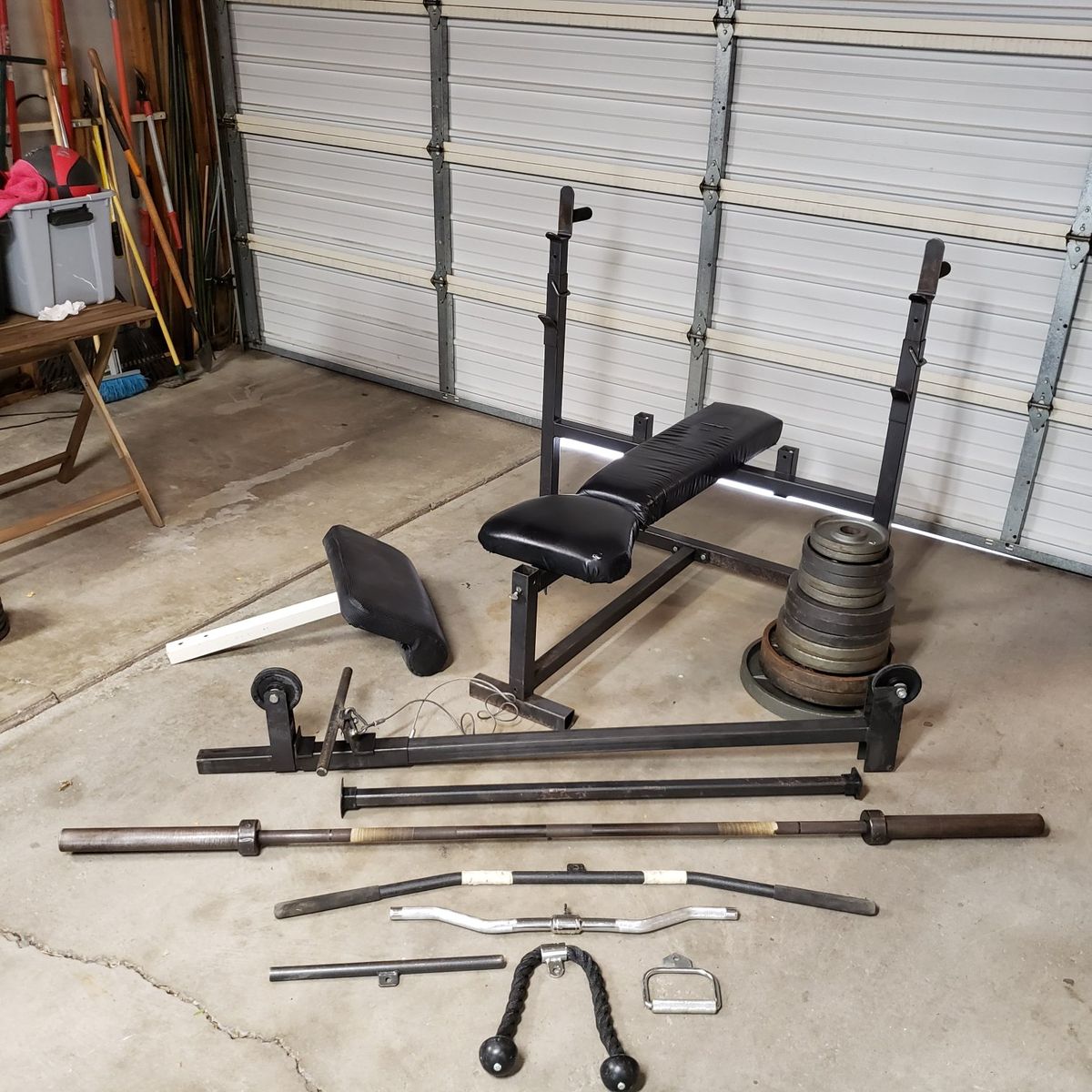 Olympic Weight Bench / Weights 290 lbs. / Barbell / Cable Attachments / Etc.