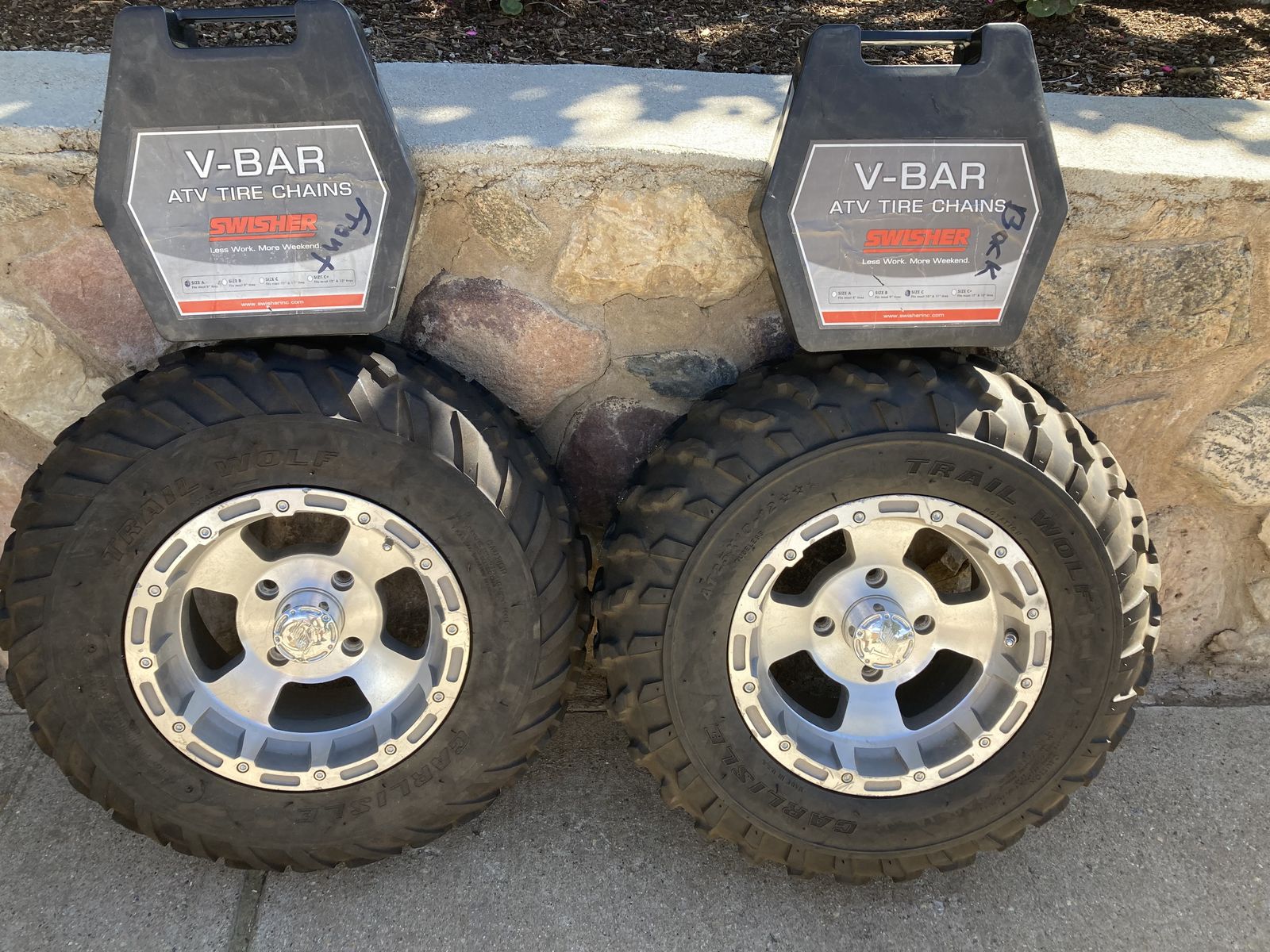 ATV 4 WHEELLER TIRES & GREAT RIMS with tire chains