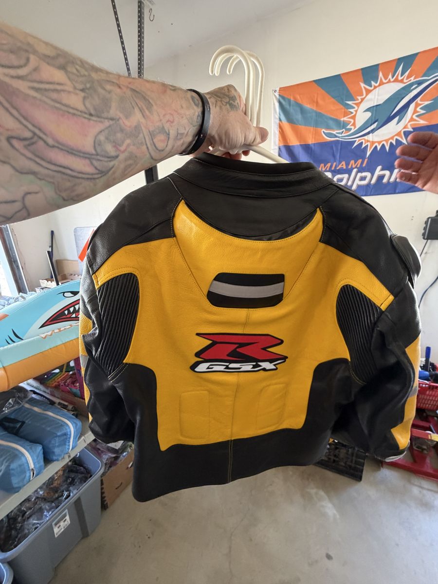 Suzuki GSX Perforated Leather Motorcycle Riding Jacket, Yellow/Black, Removable Liner, Men's XL