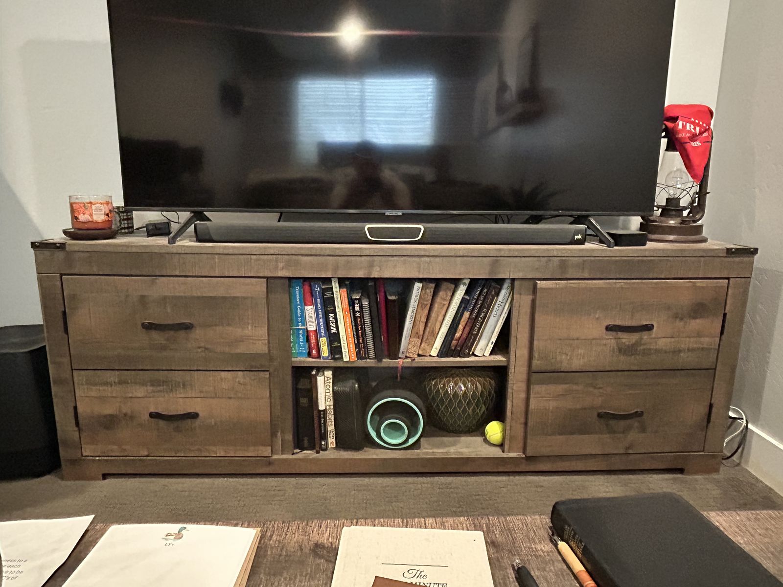 Ashley Furniture TV Stand — Rustic Brown, 72.5" Wide, 4 Drawers + Open Shelving
