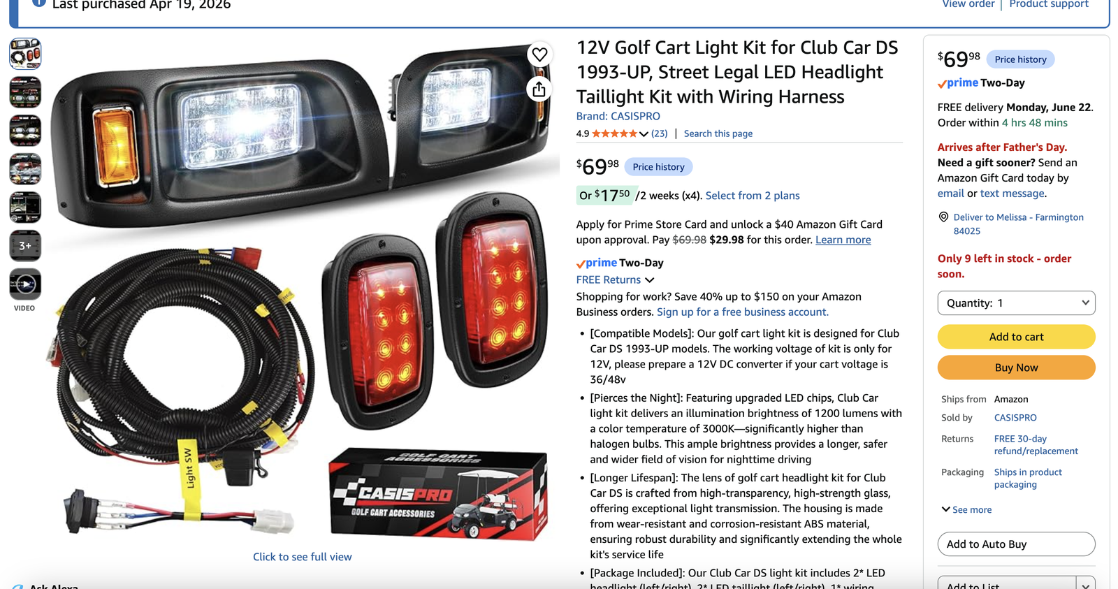 12V LED Golf Cart Light Kit for Club Car DS (1993-UP) - Headlights, Taillights & Wiring Harness