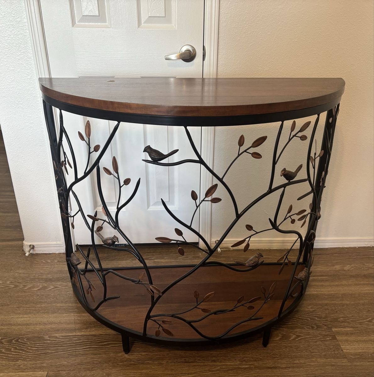 Decorative Half-Moon Console Table with Metal Branch and Bird Accents
