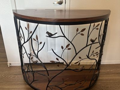Decorative Half-Moon Console Table with Metal Branch and Bird Accents