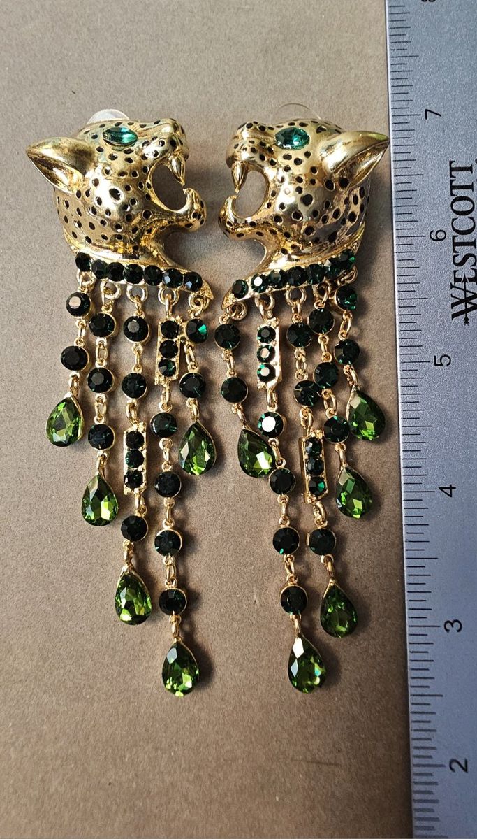 Statement Gold Tone Leopard Head Dangle Earrings with Green Rhinestones - 3.5" Long