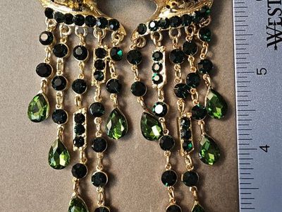 Statement Gold Tone Leopard Head Dangle Earrings with Green Rhinestones - 3.5" Long