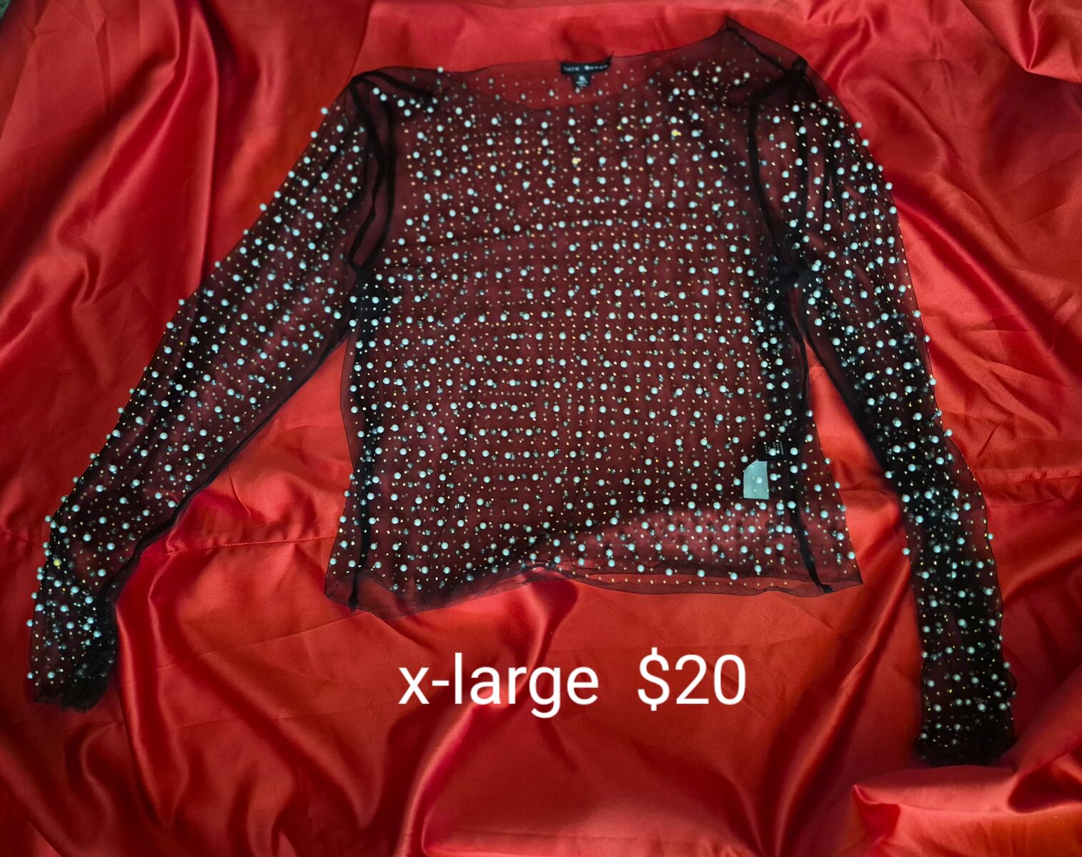 Stunning Rhinestone & Pearl Mesh Blouse