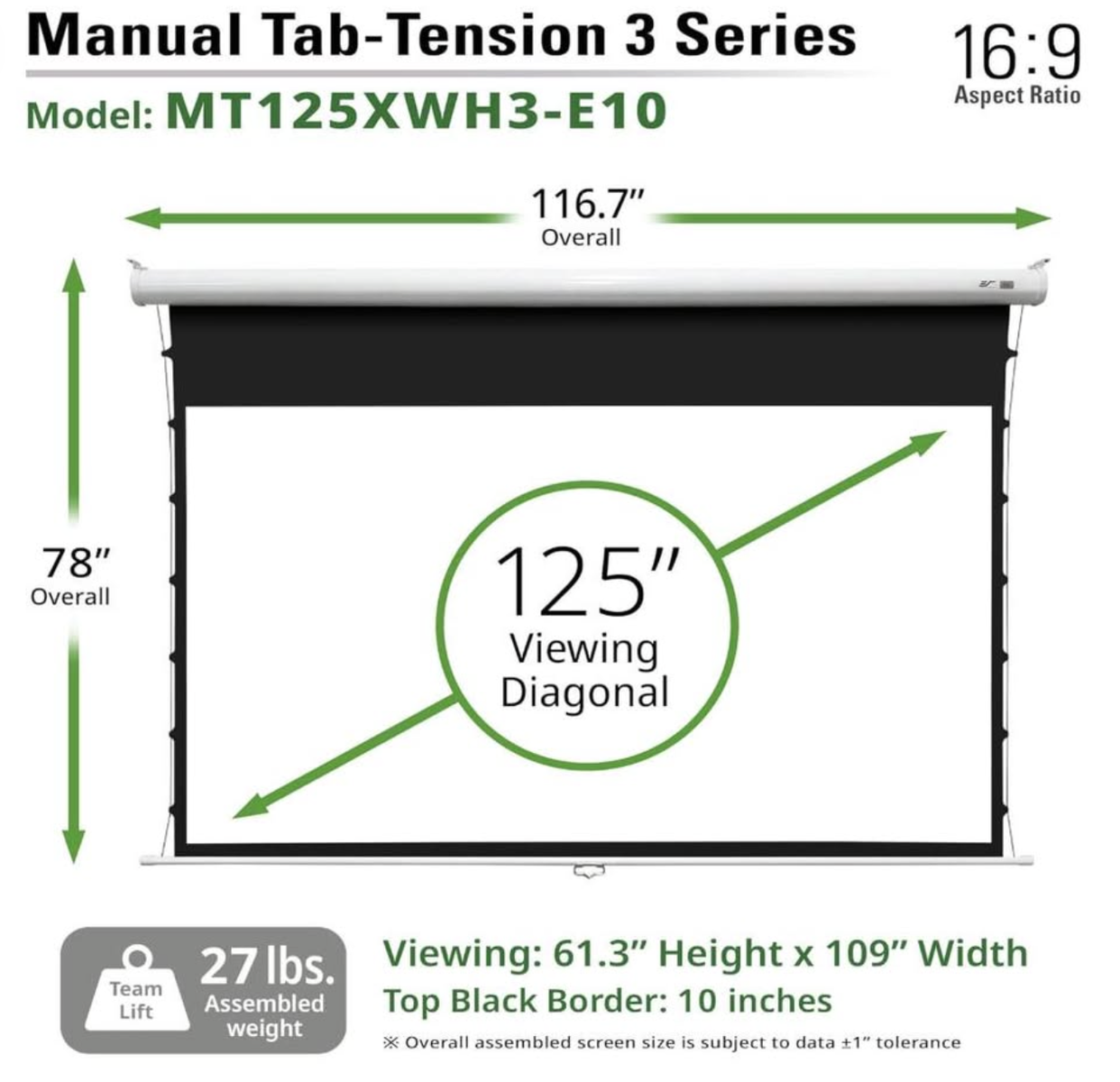Elite Screens Manual Tab-Tension 3, 125-INCH Pull Down Projector Screen (Retails $800+)