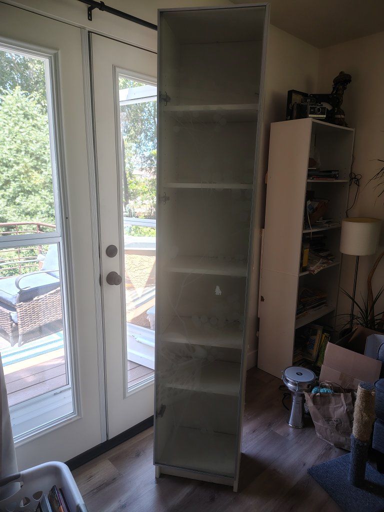 IKEA Tall White Glass Door Display Cabinet with Shelves, Frosted Leaf Design