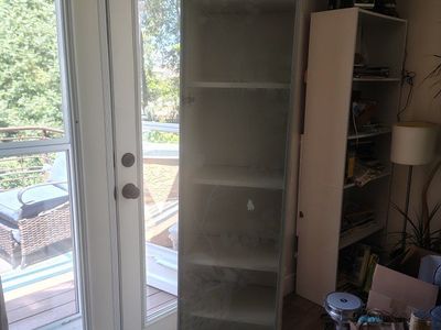 IKEA Tall White Glass Door Display Cabinet with Shelves, Frosted Leaf Design