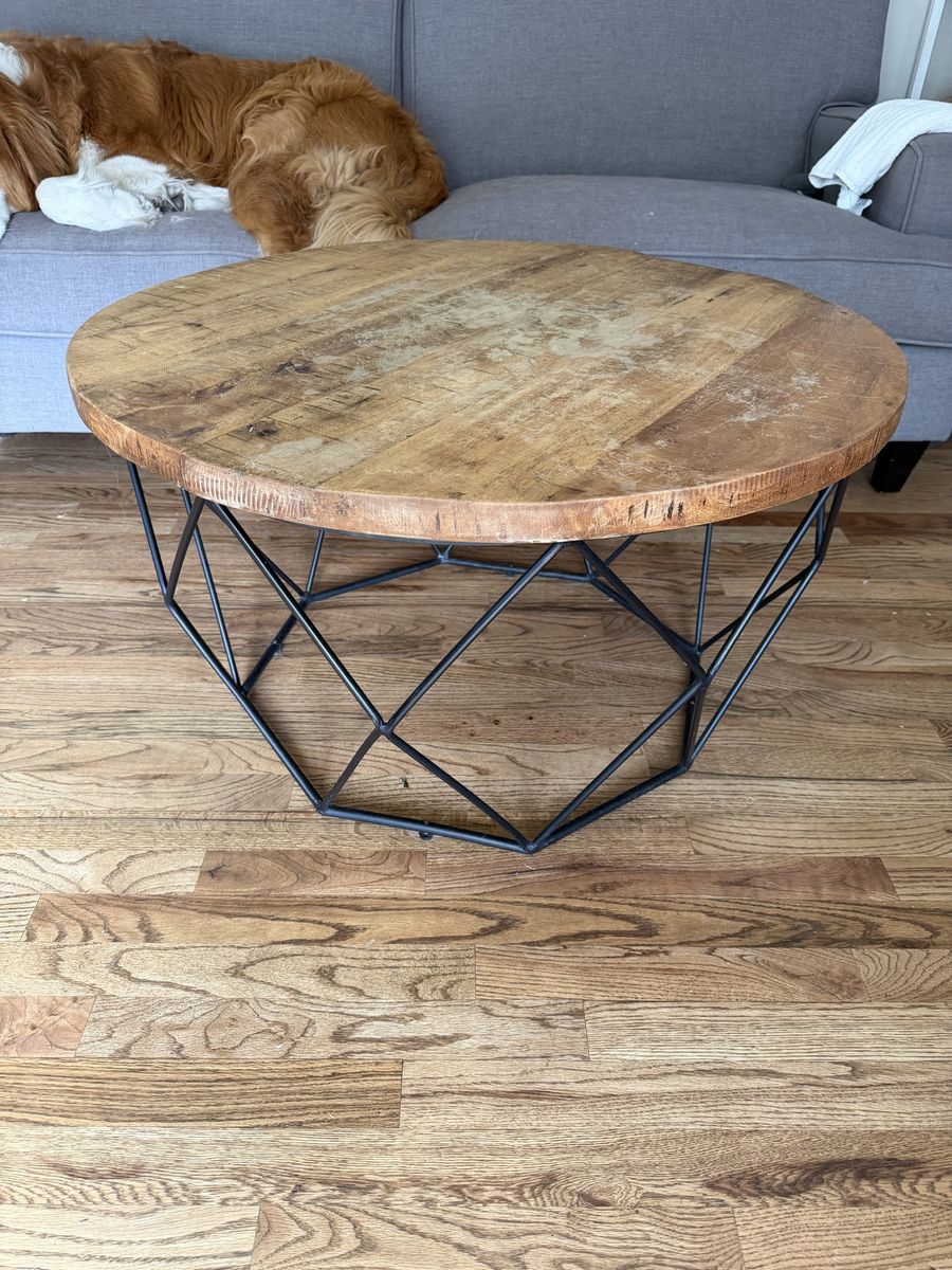 Round Coffee Table Wood Top Black Geometric Metal Base Industrial Style