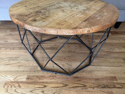 Round Coffee Table Wood Top Black Geometric Metal Base Industrial Style