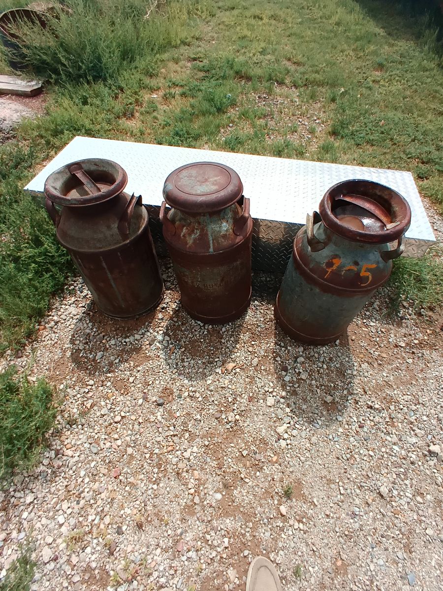 Vintage metal milk jugs