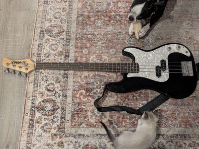 Slammer by Hamer SP-4 Bass Guitar - Black with Pearl Pickguard