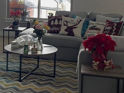Industrial Style Round Coffee Table & 2 Square End Tables, Wood Grain Top, Black Metal Frame
