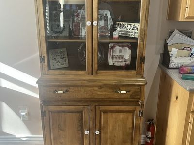 Vintage Solid Wood China Cabinet Hutch with Glass Doors, Drawer with Silverware Organizer, and Storage
